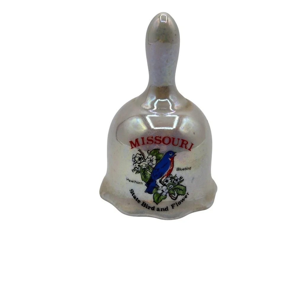 Missouri State Bird Bluebird Hawthorn Souvenir Iridescent Porcelain Ceramic Bell